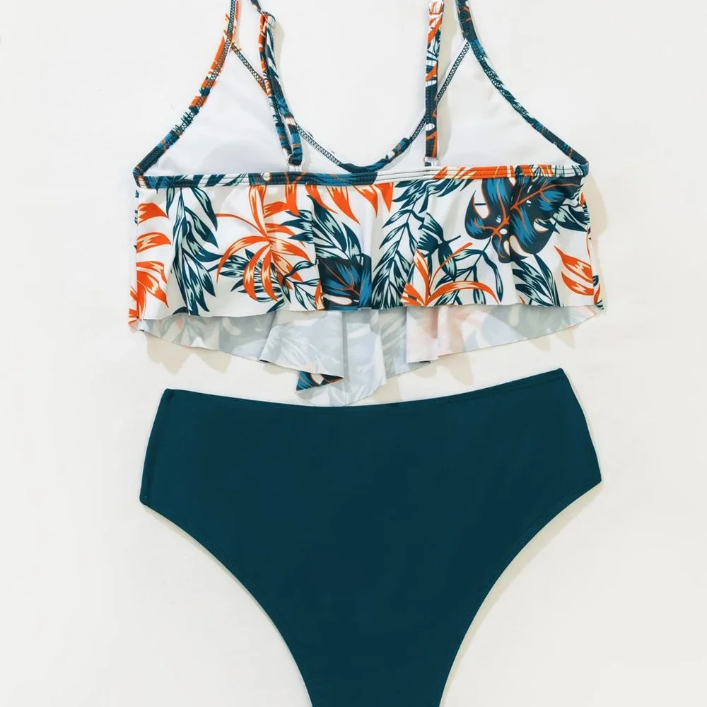 New Tropical Hanky Hem High Waisted Bikini Swimsuit Green - Picture 3 of 8